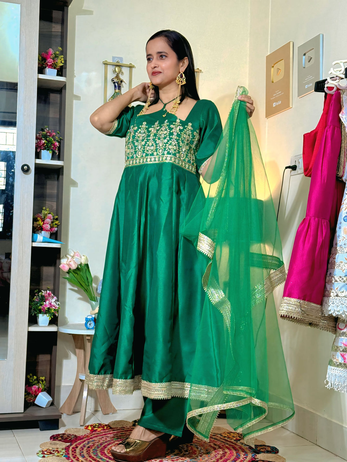 Emerald Green Barlin Heavy Coding Embroidered Kurta Pant Set with Dupatta