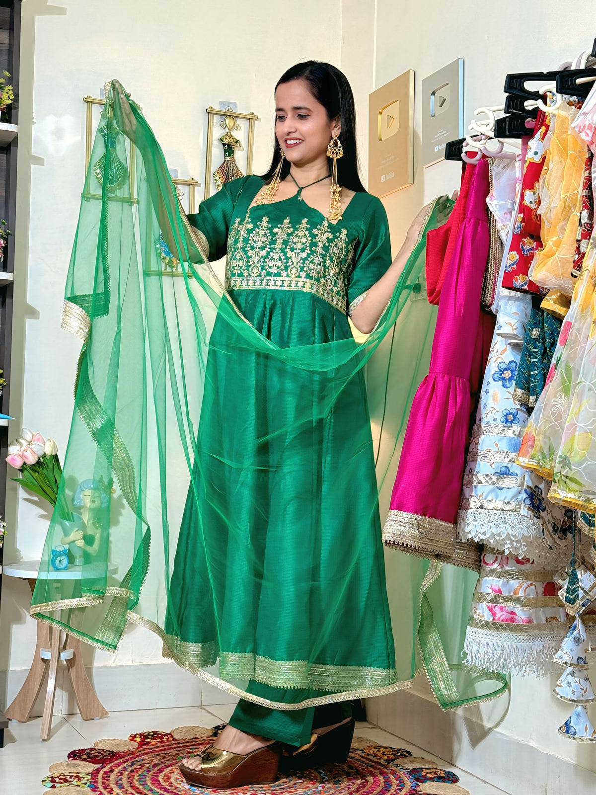 Emerald Green Barlin Heavy Coding Embroidered Kurta Pant Set with Dupatta