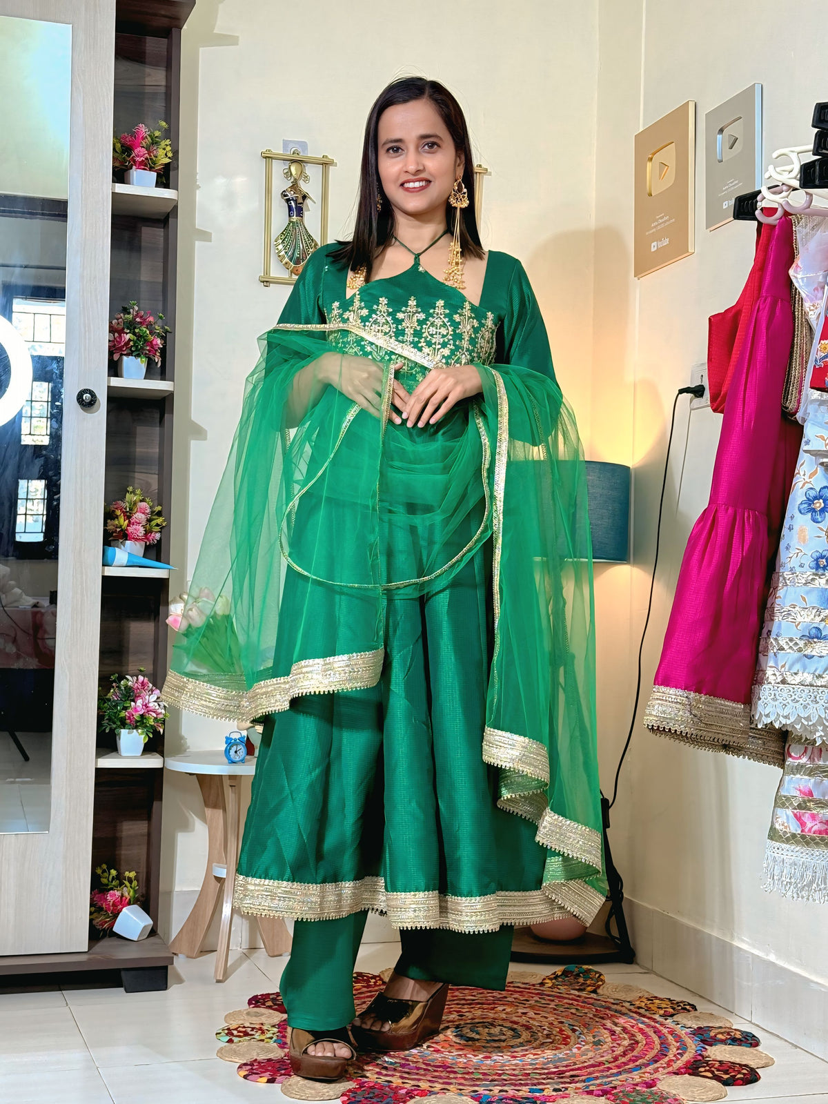 Emerald Green Barlin Heavy Coding Embroidered Kurta Pant Set with Dupatta