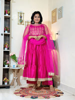 Rani Pink Barlin Coding Embroidered Tiered Anarkali Set with Dupatta