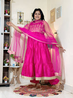 Rani Pink Barlin Coding Embroidered Tiered Anarkali Set with Dupatta