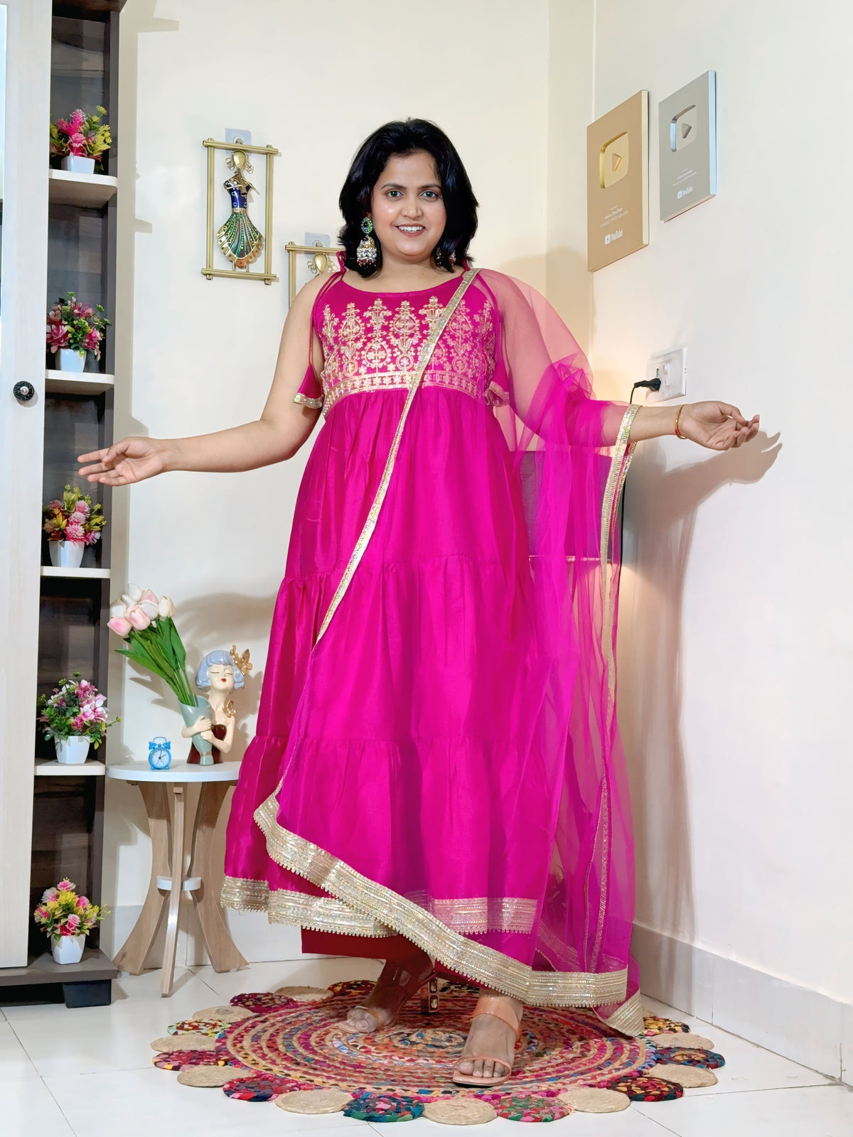 Rani Pink Barlin Coding Embroidered Tiered Anarkali Set with Dupatta
