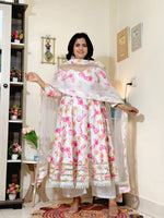 Ivory Pink Floral Barlin Anarkali Pant Set with Dupatta