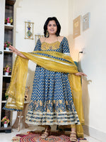 Indigo Mustard Cotton Ajrakh Print Anarkali Set with Dupatta