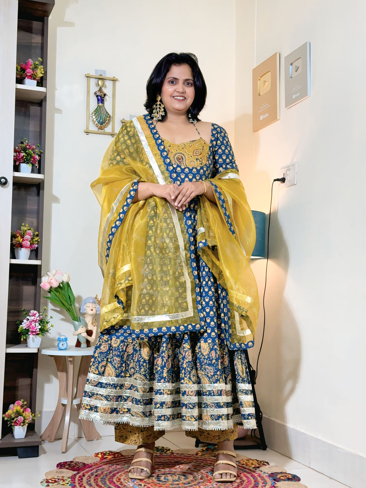 Indigo Mustard Cotton Ajrakh Print Anarkali Set with Dupatta