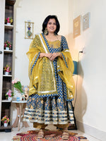 Indigo Mustard Cotton Ajrakh Print Anarkali Set with Dupatta