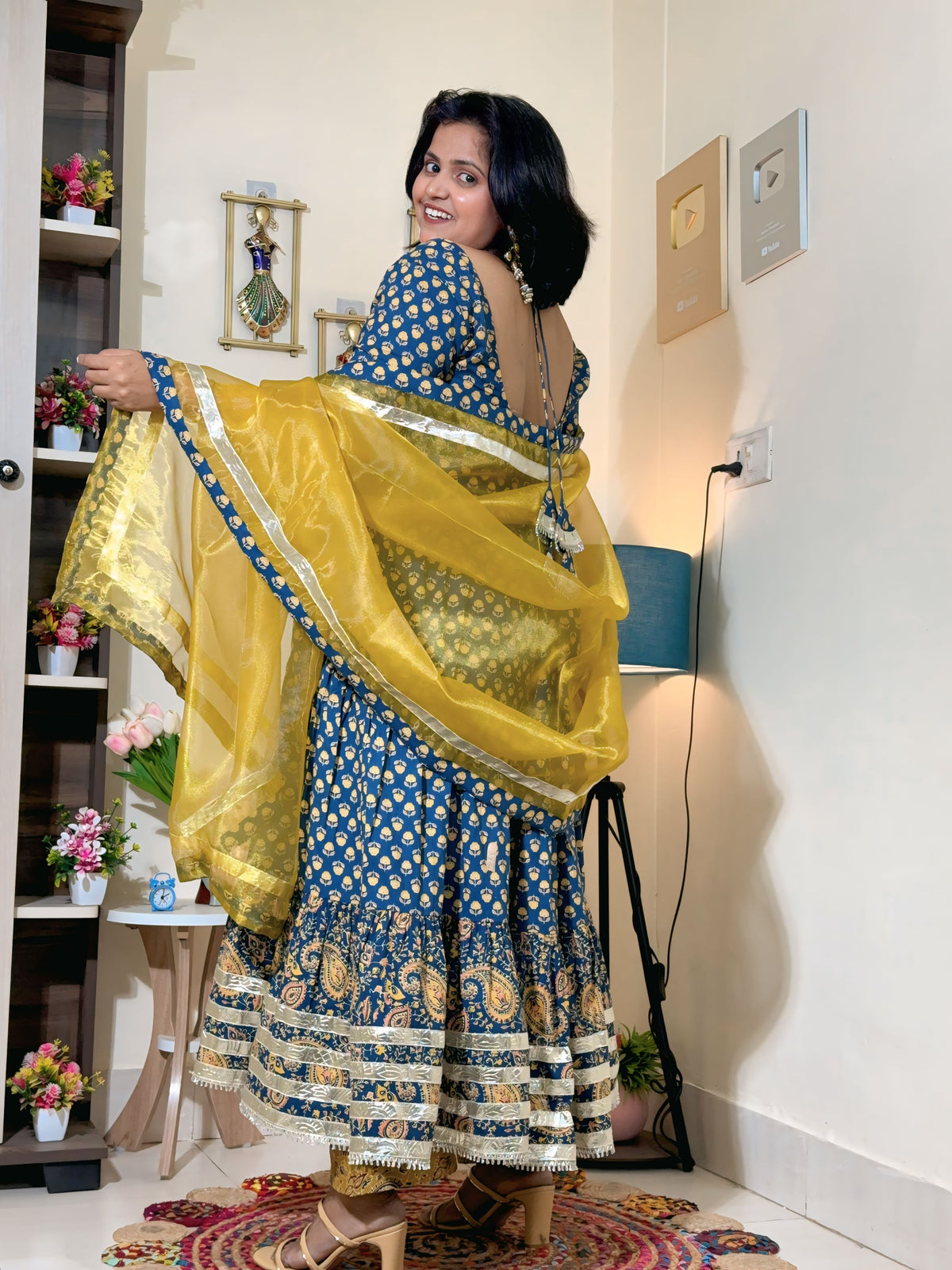 Indigo Mustard Cotton Ajrakh Print Anarkali Set with Dupatta