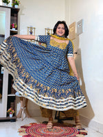 Indigo Mustard Cotton Ajrakh Print Anarkali Set with Dupatta