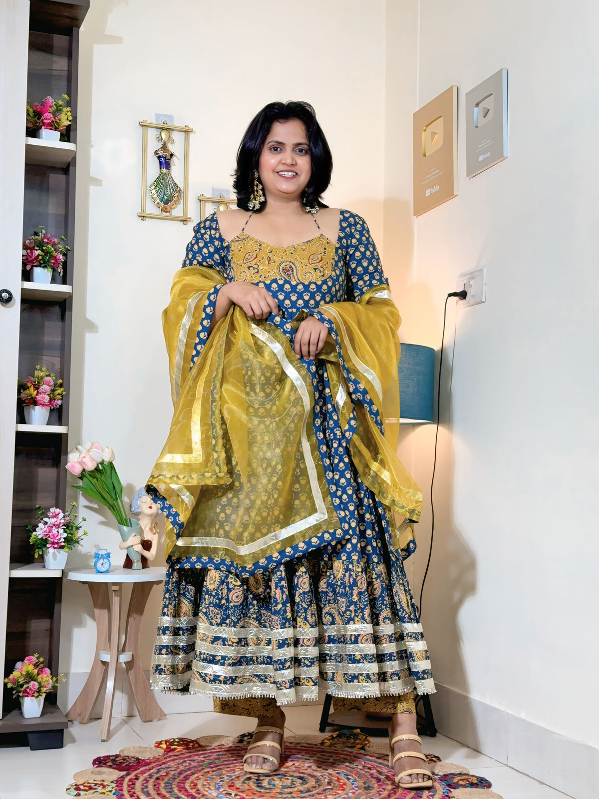Indigo Mustard Cotton Ajrakh Print Anarkali Set with Dupatta