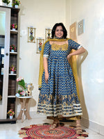 Indigo Mustard Cotton Ajrakh Print Anarkali Set with Dupatta