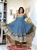 Indigo Mustard Cotton Ajrakh Print Anarkali Set with Dupatta