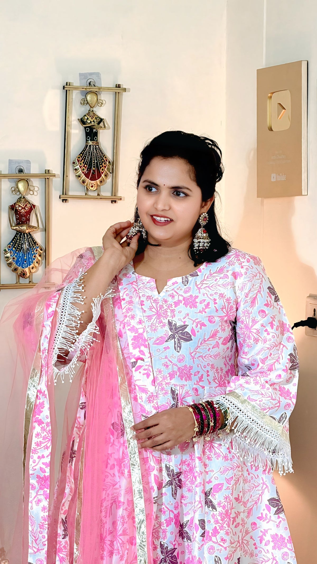 Blush Pink Vertigan Foil Print Anarkali Pant Set with Dupatta